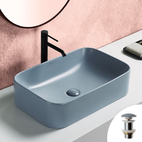 Vasque 61x38cm à poser rectangulaire en céramique bleu cendré mat + bonde pop-up incluse collection POLA (1/5)
