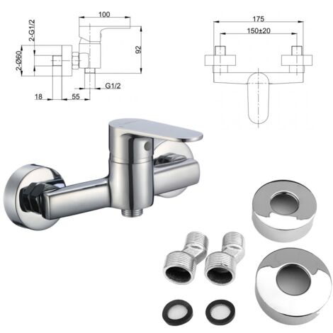 Saniverre – Mitigeur de douche mural chromé – Corps en laiton – Finition chrome qualité supérieure – Entraxe 150 mm ± 20 mm – Levier métallique