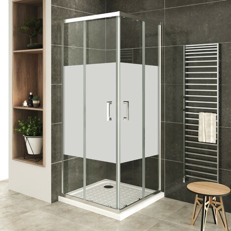 LANA+ Porte de douche d'angle coulissante H 190 cm verre centre-opaque 80 x 80 cm + receveur (1/5)