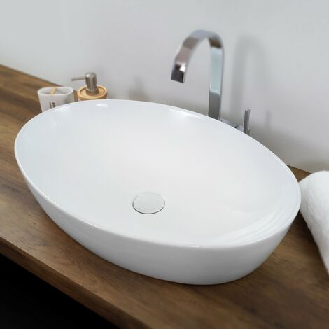 Saniverre – Vasque à poser en céramique émaillée ovale 61 x 41 cm – Surface lisse – Bonde pop-up incluse – Pour salle de bain moderne (1/5)