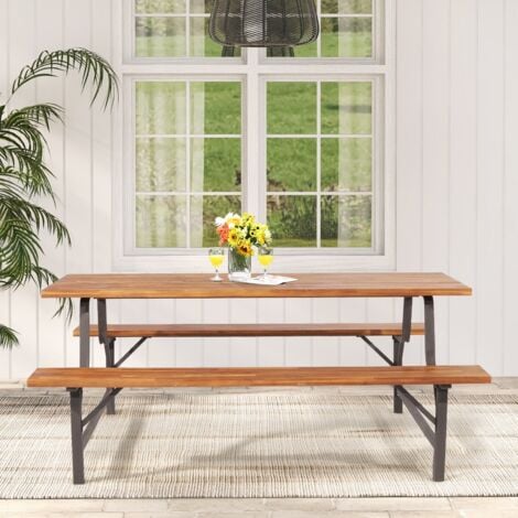 Picnic Table Bench Set Solid Outdoor Wood Patio Dining Table and Bench