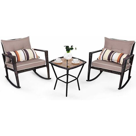 JY QAQA Outdoor 3-Piece Rocking Bistro Set Blue Cushion Patio Wicker Furniture Conversation Sets-2 Chairs with Glass Coffee Table 