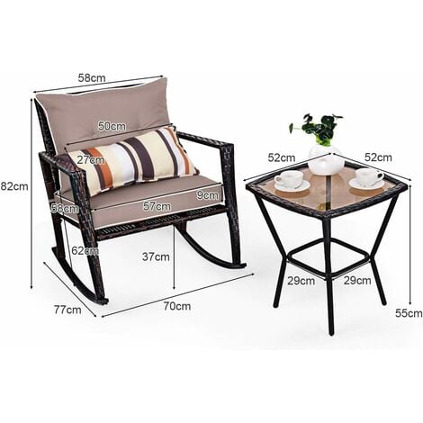 Oakmont Outdoor 3-Piece Patio Furniture Rocking Chair Bistro Set Black Wicker Conversation Set with Tempered Glass Coffee Table Brown 