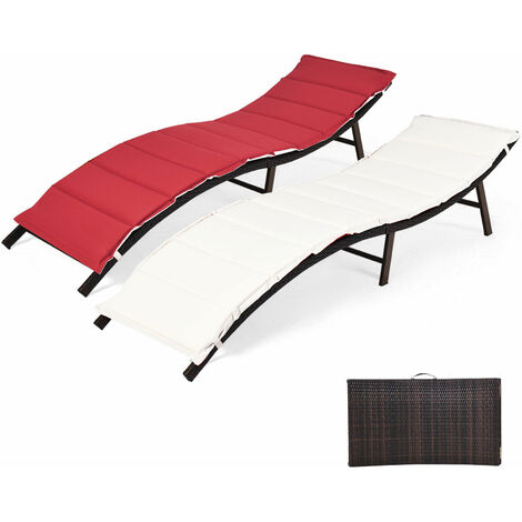 2PCS Folding Chaise Lounge Double-sided Cushioned Seat Wicker Outdoor Lounger