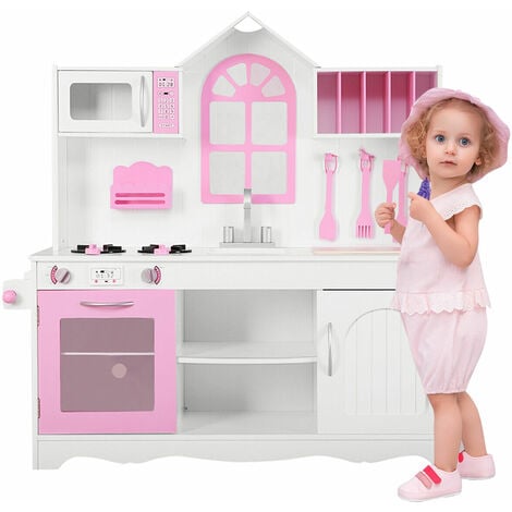 Kids Kitchen Playset Toddler Wooden Pretend Cooking Food Set Children Role Play