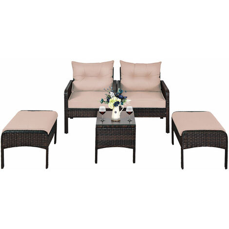 5PCS Rattan Garden Furniture Set 4-Seater Cushioned Sofa Chair W/ Glass Table