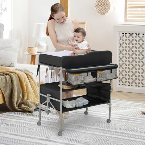 CREATIVE HOBBIES Baby Changing Table Foldable Diaper Change Table With Wheels Adjustable Height Cleaning Bucket Changing Station 2 Tier Storage Rack Infant Newborn Mobil