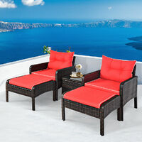 5PCS Rattan Wicker Garden Furniture Set Chairs Ottoman Coffee Table Red Cushion