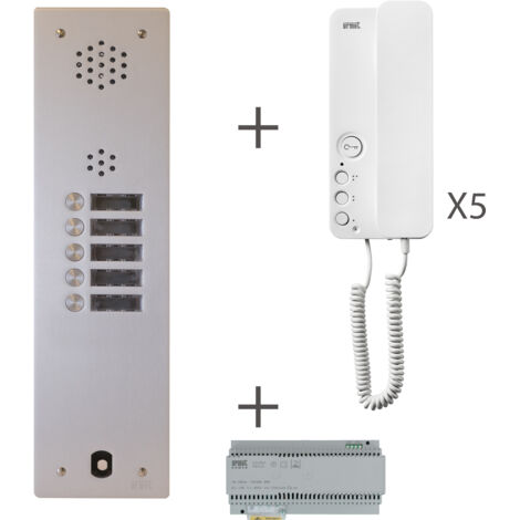 Urmet – Kit interphone 1 rangée avec 5 combinés – Alimentation 230V – Installation encastrée ou en saillie – Compatible système Vigik