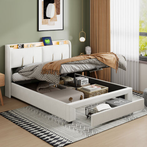 Letti contenitori 160x200,letto matrimoniale 160x200,letti per adulti,letto imbottito,con testiera con contenitore nascosto, LED, USB, tessuto in velluto, bianco (1/4)