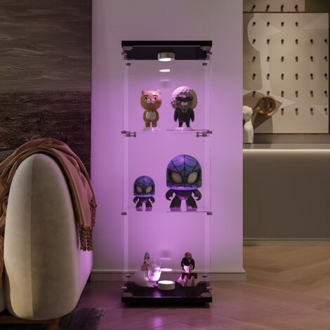 Vetrina,vetrina soggiorno,Vetrina espositiva,vetrina vetro,vetrine led,con tre divisori in vetro, tre porte, con luce, vetro temperato, 125 x 42 x 36 cm, nero