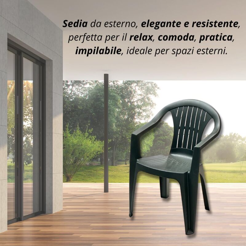 Set 6 Sedie Da Giardino Impilabili In Plastica Effetto Legno - Tomaino, Colore Antracite, Con Braccioli - Foto 1