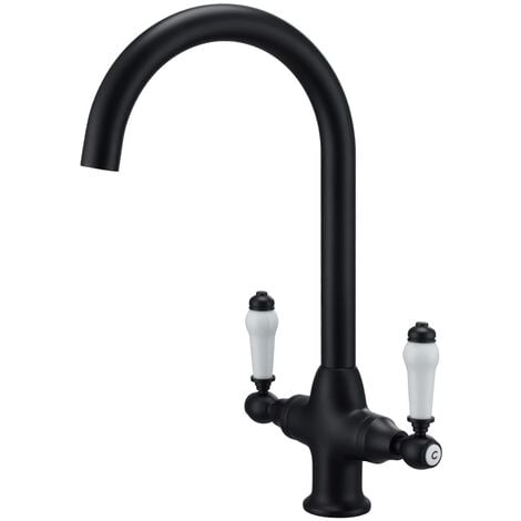 Traditional Matte Black Twin Lever Kitchen Mixer Tap With Swivel Spout
