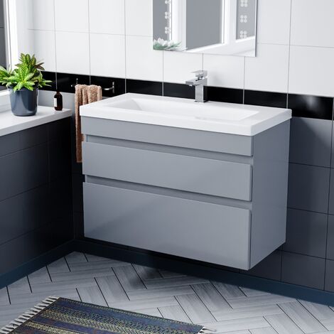COT Minimalist 800mm Wall Hung Grey Basin Vanity Cabinet Unit 2 Drawers (1/5)
