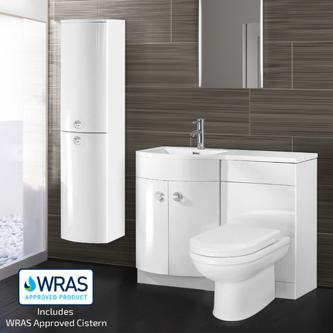 Dene LH 1100mm Vanity Basin Unit White, Welbourne Back to Wall Toilet & Wall Hung Cabinet White