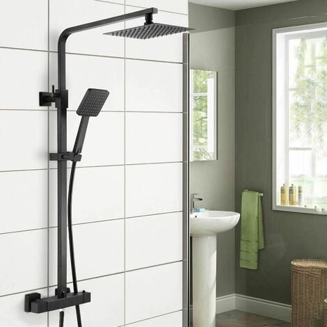 Modern Thermostatic Mixer Shower Set Square Black Finish Twin Head Exposed Valve
