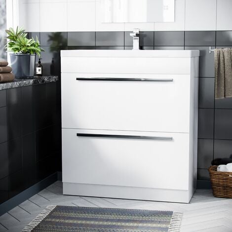 800 mm Cloakroom White Basin 2 Drawer Vanity Cabinet