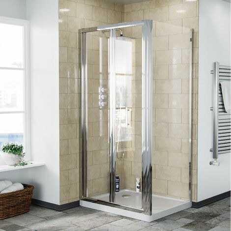 Bi-Folding 700 mm Glass Shower Door with 900 Frameless Side Panel Enclosure and Tray (1/5)