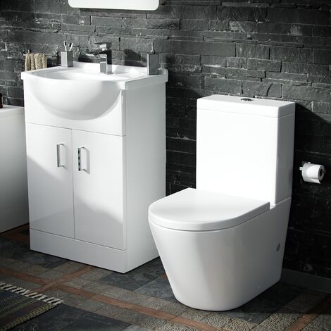 Dyon 550mm Floor Standing Flat Pack Vanity Basin Unit & Close Coupled WC Toilet White