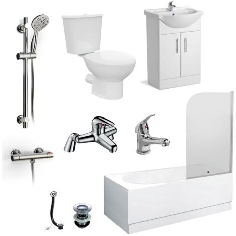 Senore 1700mm Bath, Flat Pack Basin Vainty , Close Coupled Toilet, Shower Slider Raill Kit, Bath and Mono Mixer & Wastes White (1/5)