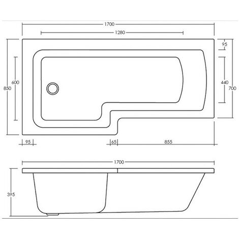 1700 x 850mm Acrylic Square L Shaped Shower Bath - Left Hand