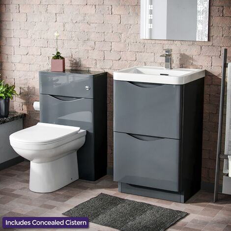 Lyndon 500mm 2 Drawer Vanity Basin Unit, WC Unit & Elso Back to Wall Toilet Grey