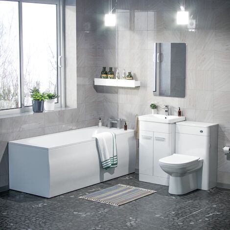 Afern 500mm Basin Vanity Unit, WC Unit, BTW Toilet & Bath Suite White (1/5)