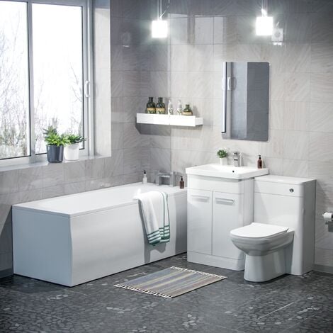 Afern 3-Piece High Gloss White Bathroom Suite 600mm Freestanding Basin Vanity Cabinet, WC Unit, Back To Wall Toilet & Straight Bath