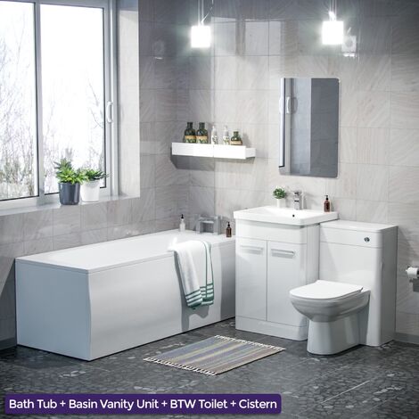 Afern 3-Piece High Gloss White Bathroom Suite 600mm Freestanding Basin Vanity Cabinet, WC Unit, Back To Wall Toilet & Straight Bath