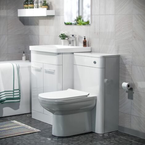 Afern 3-Piece High Gloss White Bathroom Suite 600mm Freestanding Basin Vanity Cabinet, WC Unit, Back To Wall Toilet & Straight Bath