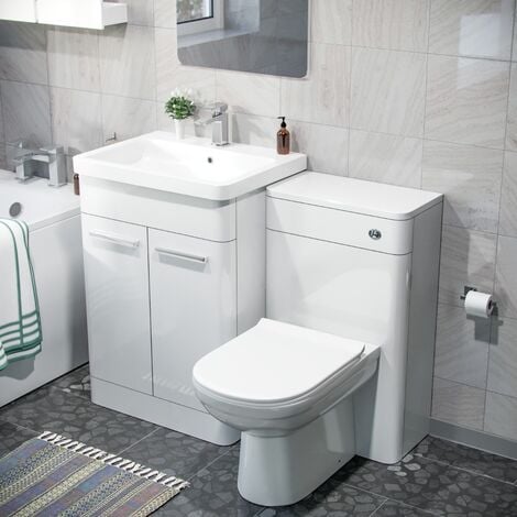 Afern 3-Piece High Gloss White Bathroom Suite 600mm Freestanding Basin Vanity Cabinet, WC Unit, Back To Wall Toilet & Straight Bath