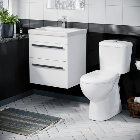 500mm Wall Hung 2 Drawer Vanity Unit Gloss White And Complete Toilet Set