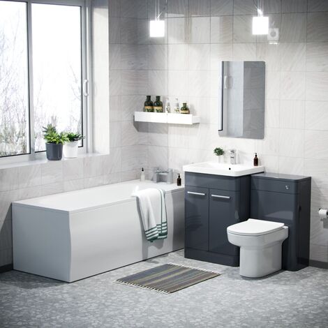 Afern 600mm Basin Vanity Cabinet, WC Unit, D Shape Toilet & Bath Bathroom Suite Anthracite (1/5)