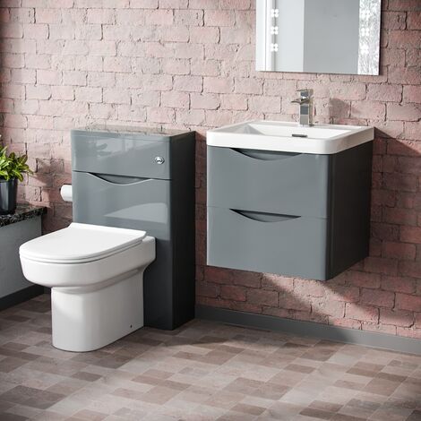 Lyndon 500mm Wall Hung Vanity Basin Unit, WC Unit & Chem Back to Wall Toilet Grey (1/5)