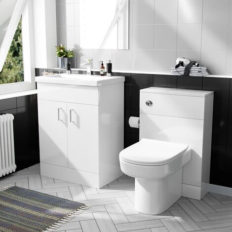 Popie 600 mm Basin Vanity Cabinet & Back To Wall WC Toilet Suite White (1/5)