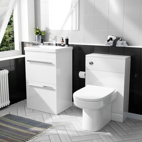 500 mm Basin 2 Drawer Vanity Cabinet & WC Toilet Pan Bathroom Suite White (1/5)