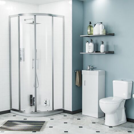 Lindley 3-Piece White Shower Enclosure Suite - 800mm Quadrant Shower Enclosure with Tray, Close Coupled WC Toilet with Seat and Floorstanding 400 mm Vanity Basin Unit