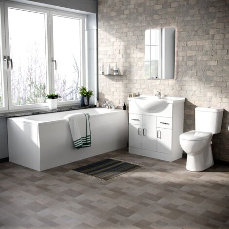 Memphis 3-Piece Bathroom Suite White - Close Coupled Toilet, 750mm Basin Vanity Unit and Round Bath Tub (1/5)
