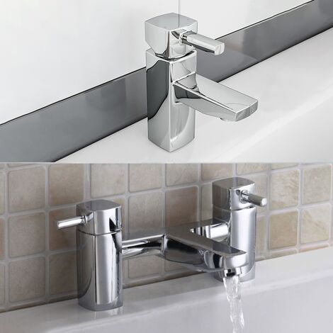 Boston Modern Chrome Square Basin Sink Mono Mixer Tap & Deck Mounted Bath Filler