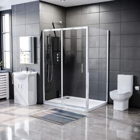 Magna 1000mm Slider Door, 700mm Side Panel, Tray, 550mm White Vanity Unit and Close Coupled Toilet (1/5)