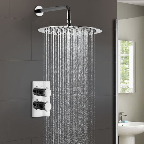 Lily 2 Dial 1 Way Round Concealed Thermostatic Mixer Valve & Thin 300mm Round Shower Head Chrome (1/5)