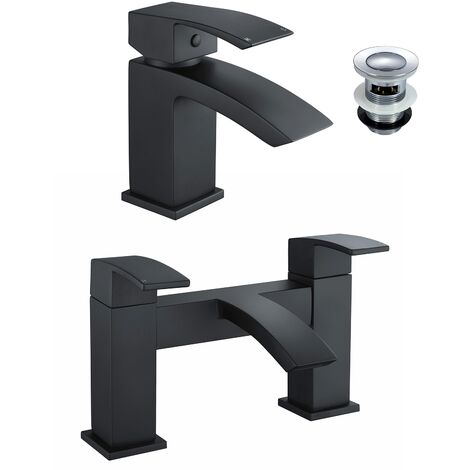 Arke Modern Matte Black Deck Mounted Waterfall Bath Filler Tap And Basin Mixer Tap Set & Waste (1/5)