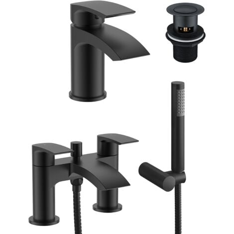 Vago Modern Matte Black Waterfall Basin Mixer Tap & Bath Shower Mixer With Handset Kit And Waste