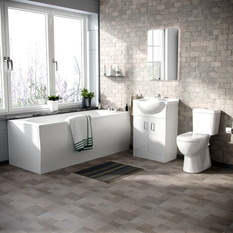 Memphis  FP 3-Piece Bathroom Suite White - Close Coupled Toilet, 550mm Basin Vanity Unit and Round Bath Tub + Panels (1/5)