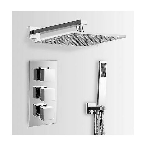 Nes Home – Lilly thermostatic mixer valve 3 dial 2 way – Concealed chrome finish – Includes handset and square shower head – Anti-scald safety feature (1/5)