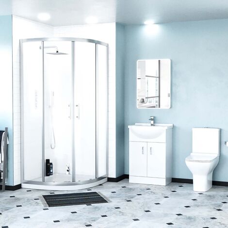 Warton Rimless Close Coupled Toilet, Flat Pack Vanity Basin Unit, 900mm Quadrant Shower Enclosure and Shower Tray Suite White (1/5)