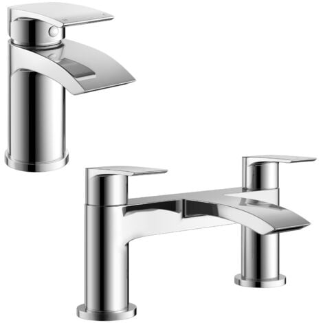 Vago Modern Waterfall Design Basin Mono Mixer Tap & Bath Filler Tap + Free Basin Waste