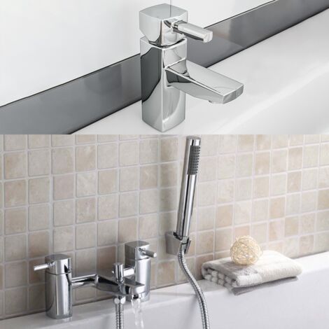 Boston Contemporary Square Chrome Basin Sink Mono Mixer Tap & Bath Shower Mixer Tap With Handset Kit (1/5)