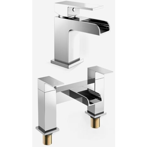 Ozone Contemporary Waterfall Basin Mono Mixer Tap & Deck Mounted Bath Filler Tap + Waste (1/5)