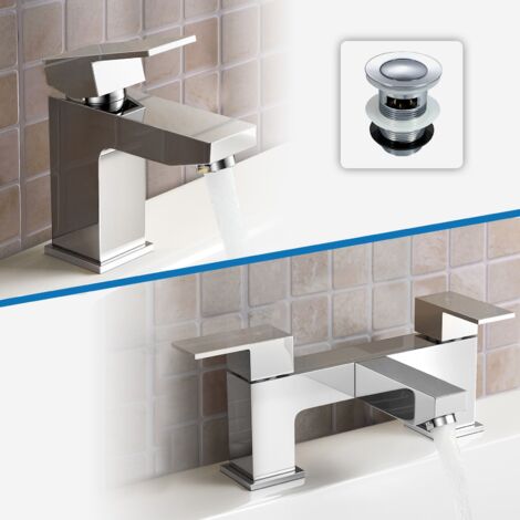 Aldo Modern Chrome Set Of Basin Sink Mixer Tap And Bath Filler + Waste